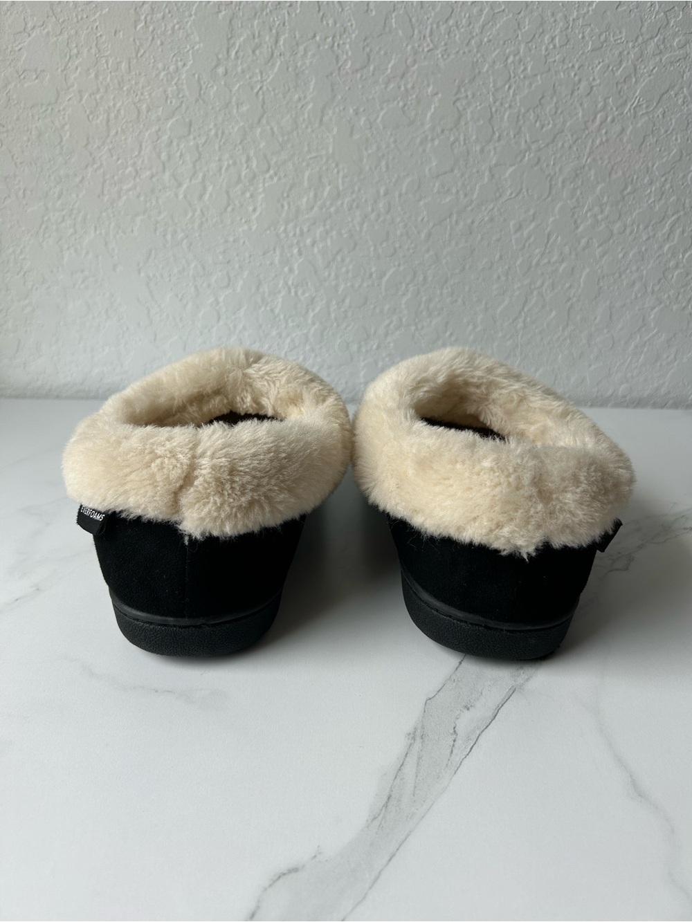 Women's Black Faux-Suede Slip-On Slippers with Cream Faux-Fur Collar - Picture 3 of 7